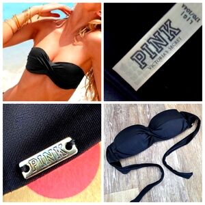 Victoria's Secret PINK VTG Black Push Up Padding Bandeau Bikini Top Twist Front